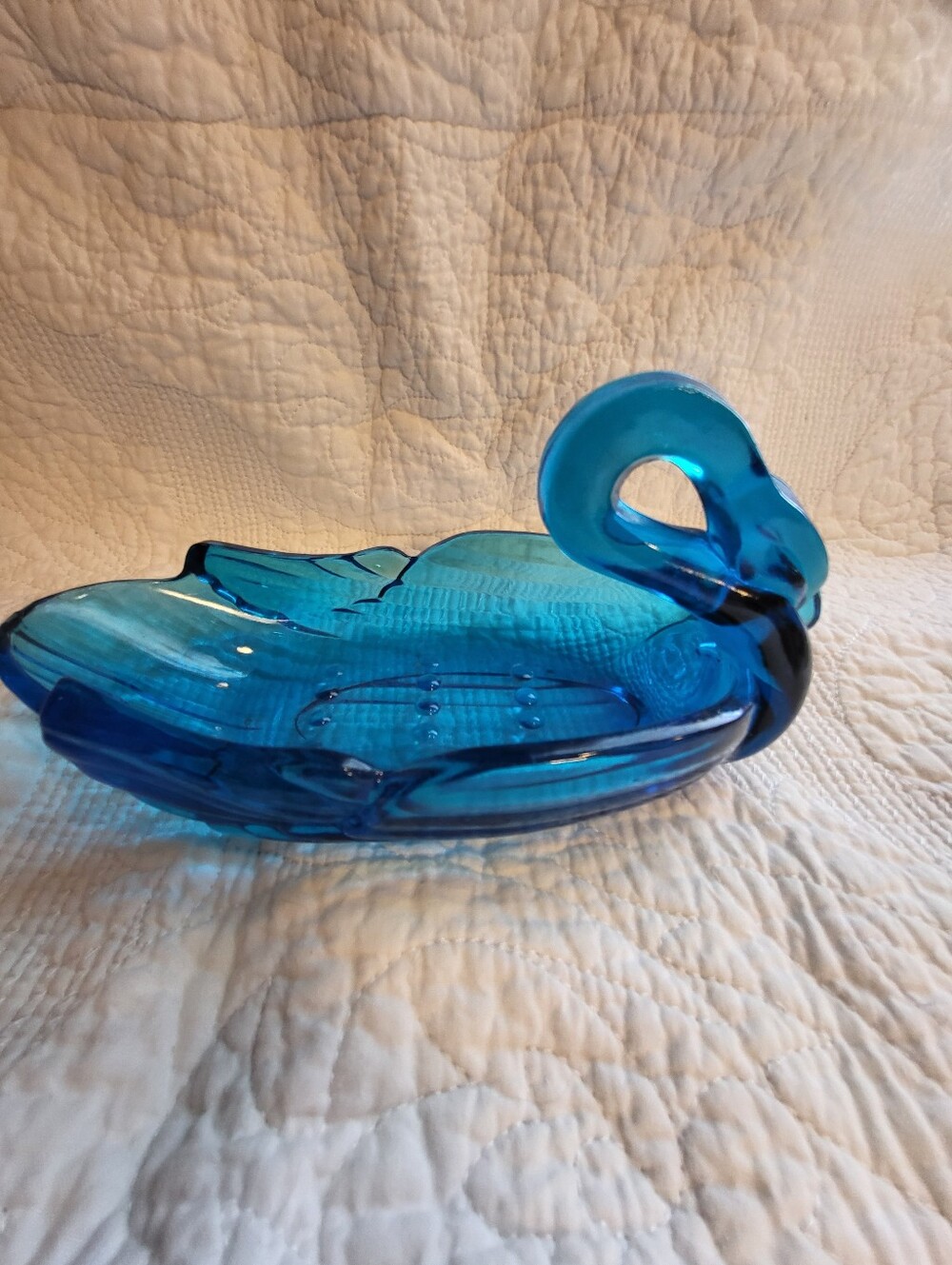 Touquise Blue 4.25 x 8 x 3.76 InGlass Swan Decorative Bowl / Soap Dish- Home Art